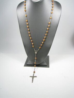 Vintage Wooden Bead Rosary Necklace Italian Cross Pendant Siler Tone Crucifix